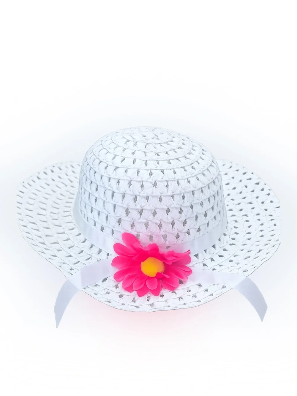 Little Girls White Sun Hat w/ Pink Flower | Lightweight Summer Beach Hat